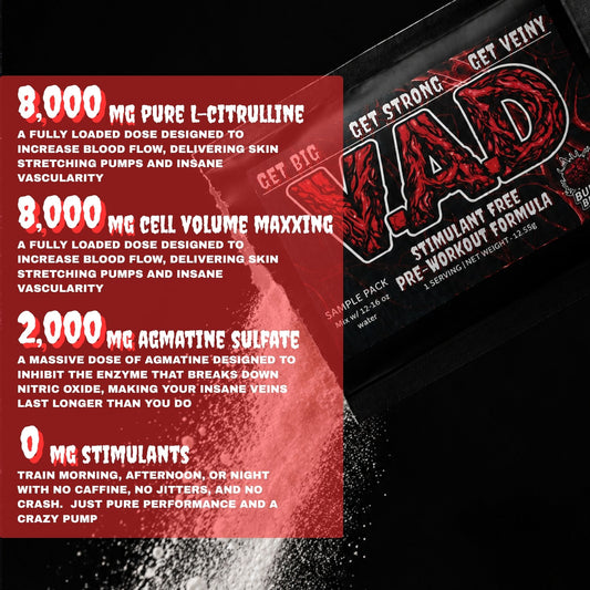A pre-workout supplement tube labeled 'V.A.D." shown diagonally next to a red informational text panel detailing its ingredients and benefits, on a black background.