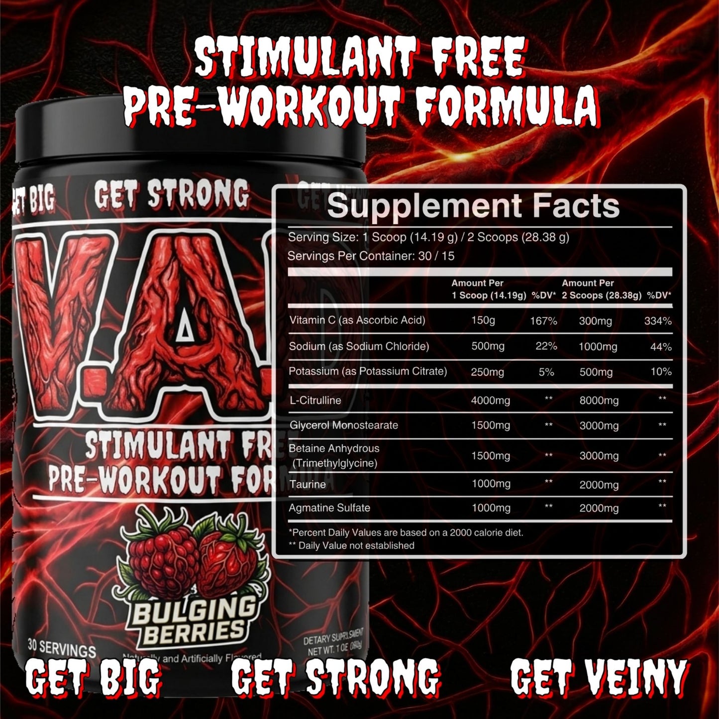 A tub of Bulging Berries Stimulant Free Pre-Workout Formula with a black lid and black label featuring red graphics and text, shown alongside a Supplement Facts panel on a dark red background with the slogan 'STIMULANT FREE PRE-WORKOUT FORMULA' at the top.