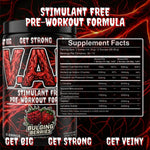 A tub of Bulging Berries Stimulant Free Pre-Workout Formula with a black lid and black label featuring red graphics and text, shown alongside a Supplement Facts panel on a dark red background with the slogan 'STIMULANT FREE PRE-WORKOUT FORMULA' at the top.