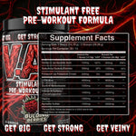 A tub of Bulging Berries Stimulant Free Pre-Workout Formula with a black lid and black label featuring red graphics and text, shown alongside a Supplement Facts panel on a dark red background with the slogan 'STIMULANT FREE PRE-WORKOUT FORMULA' at the top.