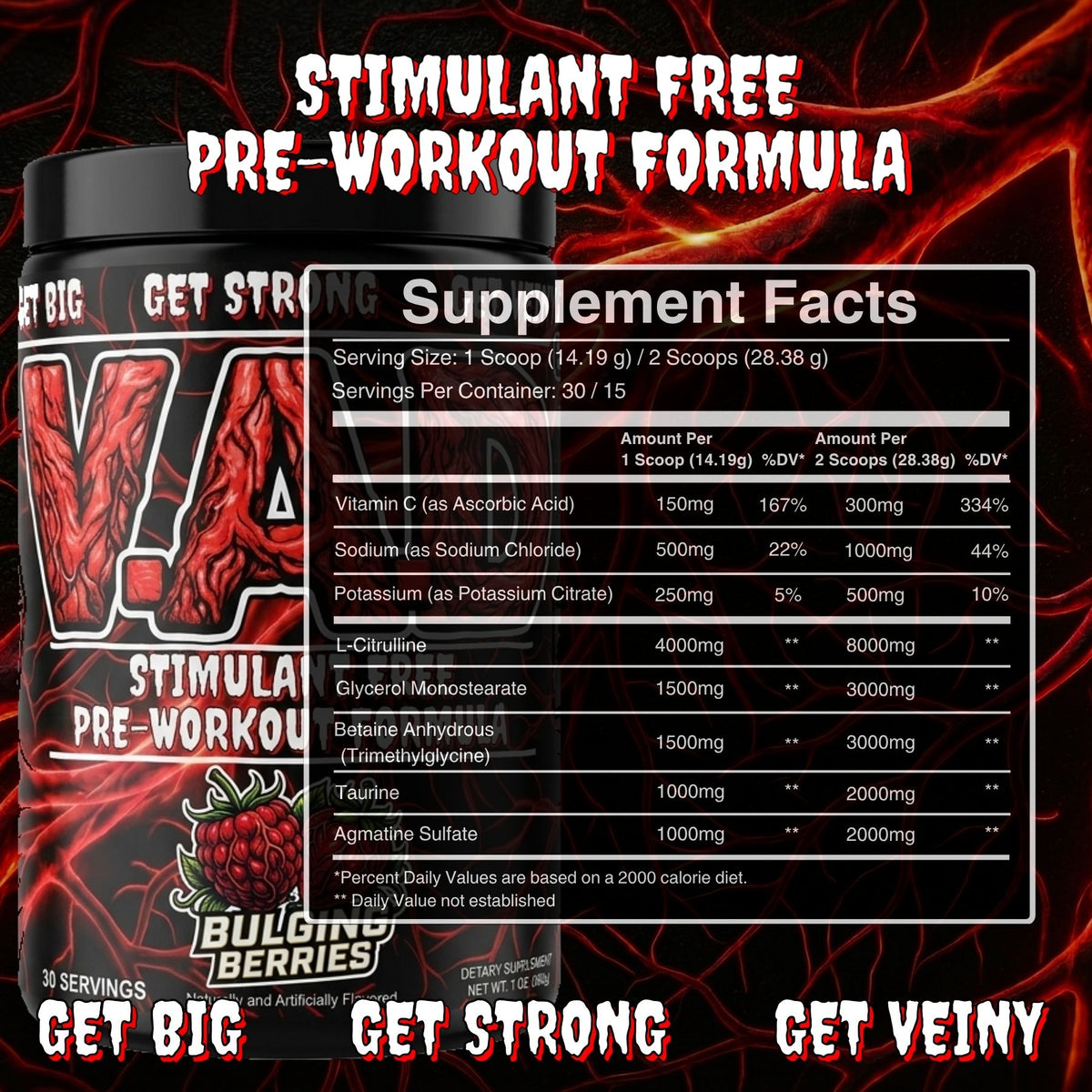 A tub of Bulging Berries Stimulant Free Pre-Workout Formula with a black lid and black label featuring red graphics and text, shown alongside a Supplement Facts panel on a dark red background with the slogan 'STIMULANT FREE PRE-WORKOUT FORMULA' at the top.