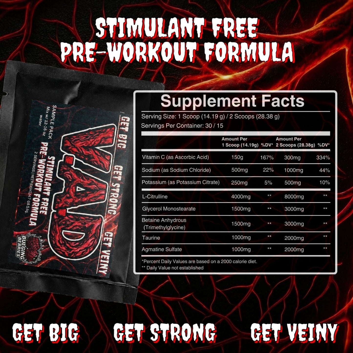 A pre-workout supplement pouch labeled 'Stimulant Free Pre-Workout Formula' with a large Supplement Facts panel overlaid, set against a dark red textured background with the phrases 'GET BIG GET STRONG GET VEINY'.