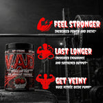 A tub of VAD Pre-Workout Formula in 'Bulging Berries' flavor is shown in a gym setting next to a barbell rack, with three red and white text callouts on the right: 'FEEL STRONGER', 'LAST LONGER', and 'GET VEINY'.