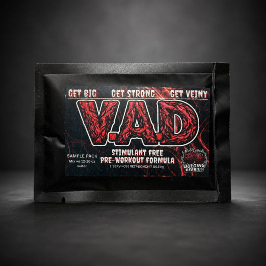 A black sample pack pouch for VAD Stimulant Free Pre-Workout Formula, featuring a bold red and black label with the brand name 'VAD' and 'Bulging Berries' logo, set against a dark studio background.