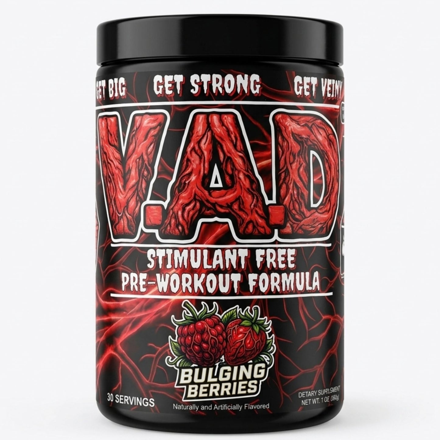 A black tub of Bulging Berries VAD Stimulant Free Pre-Workout Formula, featuring a bold red and black label with anatomical heart graphics and white text.