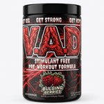 A black tub of Bulging Berries VAD Stimulant Free Pre-Workout Formula, featuring a bold red and black label with anatomical heart graphics and white text.