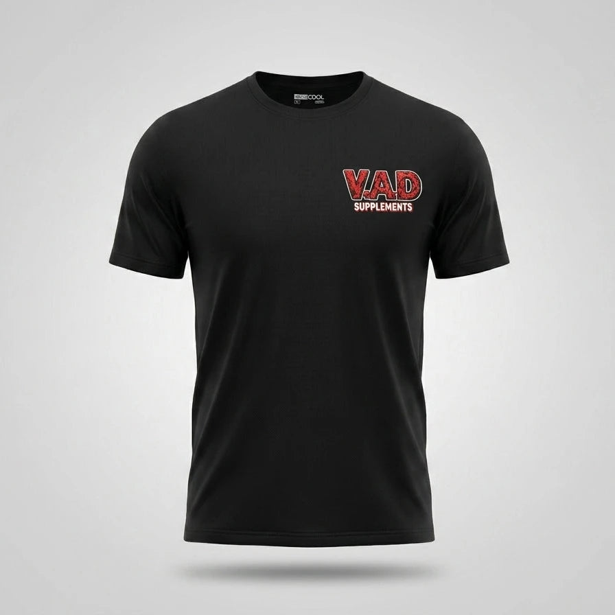 A black short-sleeve crewneck t-shirt with a red and white 'VAD SUPPLEMENTS' logo on the left chest, displayed on a light gray gradient background.