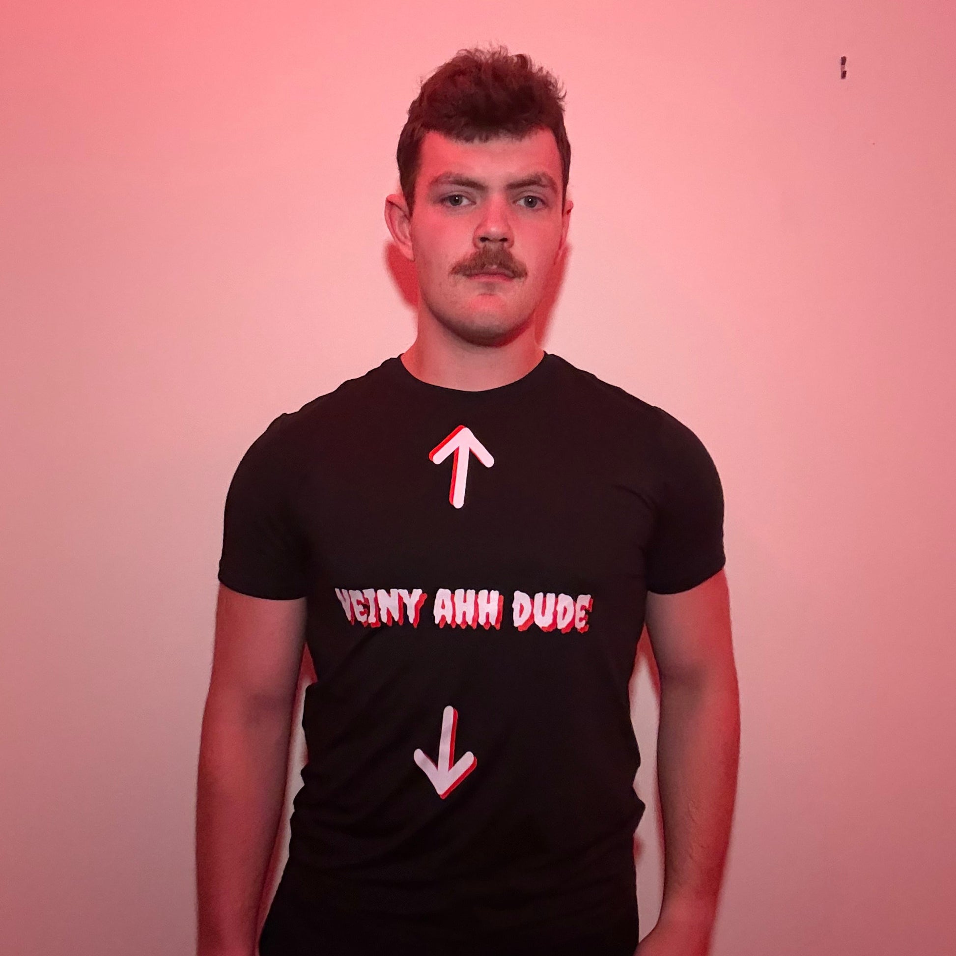 A man wearing a black t-shirt with 'VEINY ANH DUDE' printed in white across the chest, flanked by white arrows pointing up and down, standing against a red-lit wall.
